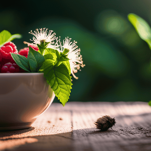 An image showcasing a serene scene of a blooming garden, with a vibrant array of raspberry leaf, black cohosh, and ginger plants, subtly hinting at the power of herbal teas to induce labor naturally