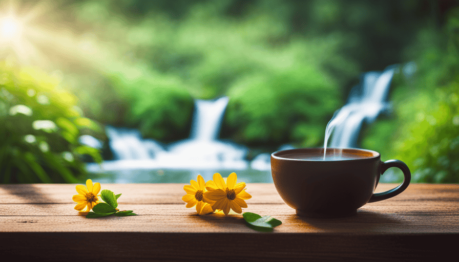 An image featuring a serene, botanical scene with a steaming cup of herbal tea, surrounded by vibrant green leaves and a gentle stream flowing nearby, evoking a sense of natural relief and digestive wellness