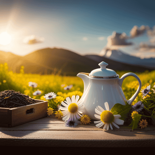 An image showcasing a serene, colorful herbal tea garden with vibrant chamomile, St