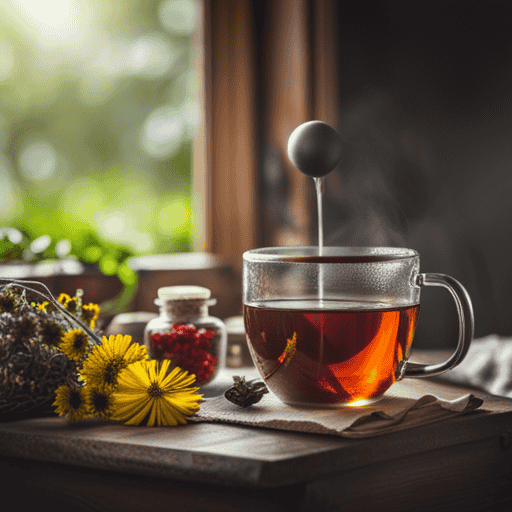 An image showcasing a serene and rustic setting with a variety of vibrant herbal tea ingredients, such as dandelion leaves, nettle, chamomile, and hibiscus blossoms, highlighting their potential remedies for renal mass