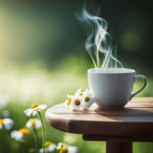 An image showcasing a serene cup of chamomile herbal tea, gently steaming and adorned with fragrant chamomile flowers