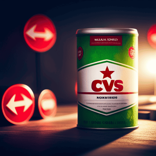 An image showcasing a vibrant, green herbal tea package with the iconic CVS logo on it, surrounded by red warning signs, symbolizing a recall