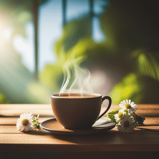 An image showcasing a serene, comforting scene with a steaming cup of herbal tea gently placed on a wooden table, surrounded by vibrant chamomile flowers, peppermint leaves, and a hint of ginger root