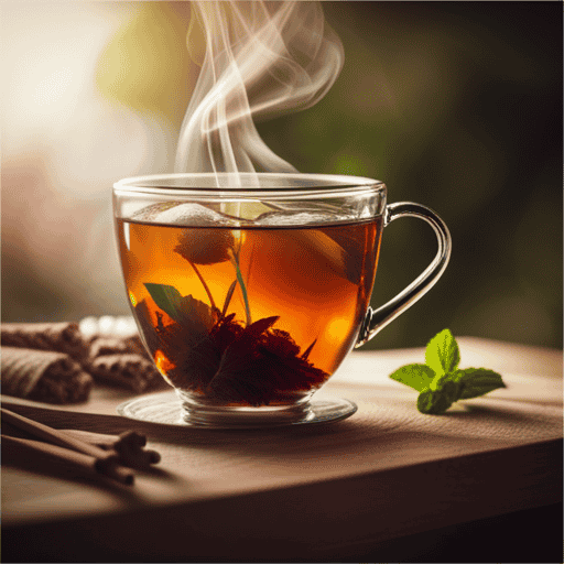An image showcasing a steaming cup of herbal tea emanating a rich amber hue