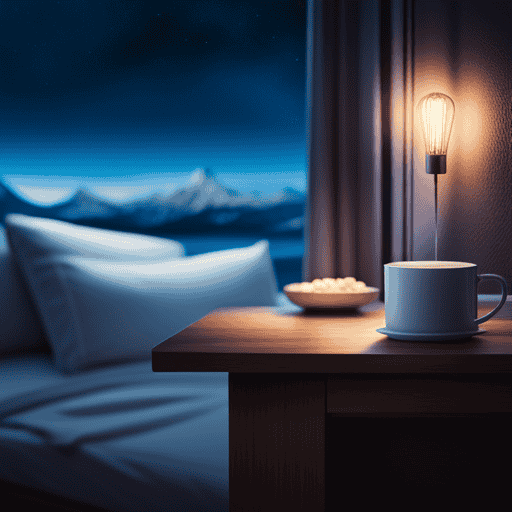 An image featuring a serene nighttime scene with a cozy bedroom illuminated by a soft glow