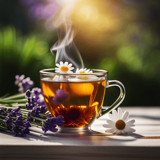 An image depicting a steaming cup of chamomile tea with delicate white flowers floating on the surface, surrounded by fresh lavender sprigs and a gentle ray of sunlight, evoking a sense of relaxation and relief during menstruation