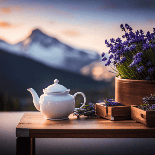 An image showcasing a serene setting with a cozy, rustic teapot nestled on a wooden tray, filled with aromatic chamomile and ginger herbal tea, accompanied by a delicate porcelain teacup and soothing lavender sprigs