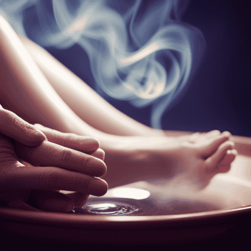 An image showcasing a cozy, serene setting with a pair of feet immersed in a steaming herbal tea foot bath