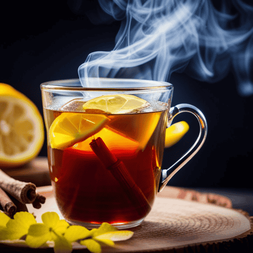 An image showing a warm, steamy cup of herbal tea in a cozy mug, with aromatic steam rising, surrounded by fresh ingredients like ginger, lemon, and honey, providing a soothing relief for a sore throat
