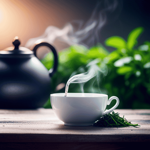 An image showcasing a serene, rustic wooden table adorned with a delicate porcelain teapot pouring a steaming, vibrant green herbal tea into a dainty porcelain cup