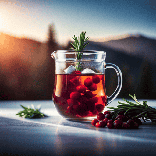 An image showcasing a soothing cup of steaming herbal tea, infused with antibacterial properties, surrounded by vibrant cranberries, juniper berries, and fresh rosemary, evoking relief and healing for UTIs