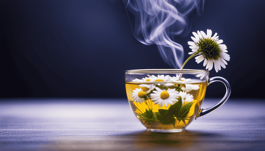 An image of a soothing cup of herbal tea, infused with vibrant hues of chamomile, lavender, and mint leaves