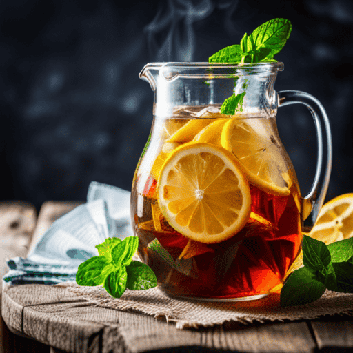 An image showcasing a refreshing glass pitcher filled with vibrant iced tea, adorned with sprigs of fresh mint and tangy slices of lemon, surrounded by an assortment of colorful herbal tea bags