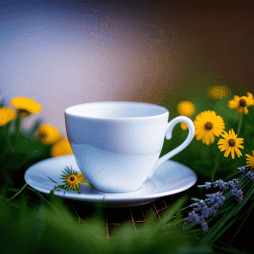 An image of a serene teacup surrounded by fresh green herbs like chamomile, lavender, and calendula, each known for their anti-inflammatory and healing properties, evoking a sense of relief from acne