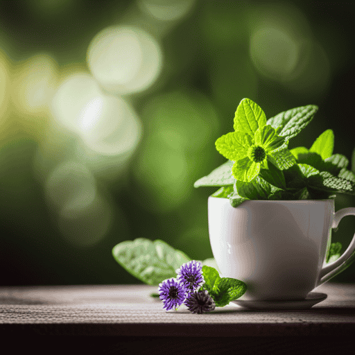 An image showcasing a vibrant assortment of fresh herbs such as chamomile, lavender, lemon balm, and spearmint, artfully arranged around a steaming cup of peppermint herbal tea