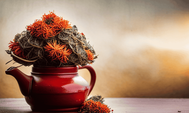 An image showcasing a vibrant bouquet of indigenous South African herbs: Rooibos leaves, buchu, honeybush, and African wormwood, all gathered together in a rustic ceramic teapot