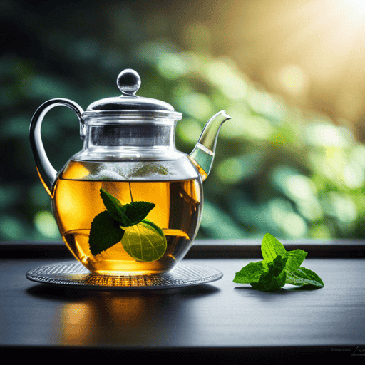 An image capturing a delicate glass teapot, filled with swirling tendrils of mint green and chamomile yellow tea, merging in harmony
