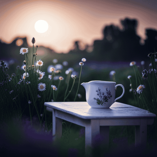 An image showcasing a serene scene of a moonlit garden, with delicate chamomile flowers, fragrant lavender blossoms, soothing lemon balm leaves, and fresh spearmint sprigs, evoking a sense of calmness and tranquility, representing the ingredients in bedtime herbal tea