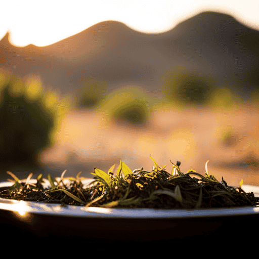 An image showcasing a serene African landscape with vibrant green tea leaves gently swaying in the breeze, surrounded by indigenous herbs like rooibos, buchu, and honeybush, reflecting the natural ingredients in the Africa Herbal Secret Aya Tea
