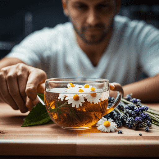 An image featuring a close-up view of various herbal tea ingredients, such as chamomile, peppermint, and lavender, alongside a person's arm with a visible rash