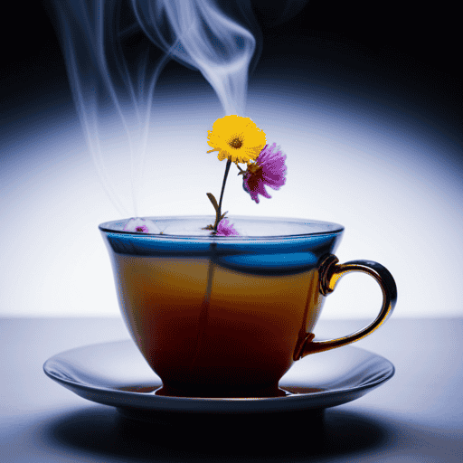 An image showcasing a vibrant teacup filled with a delicate blend of five colorful flowers, steeping gently in hot water