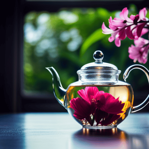 An image showcasing a clear glass teapot filled with steaming water, while a delicate tea flower unfurls gracefully inside