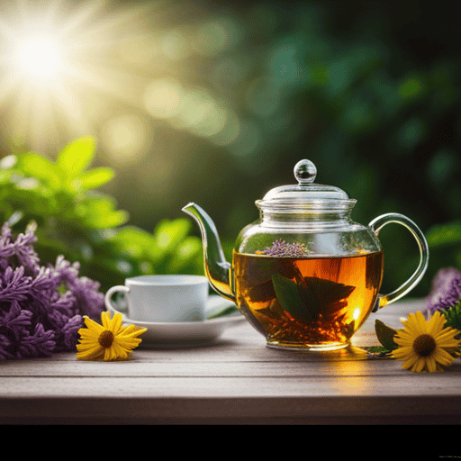 An image of a serene herbal tea garden, with a teapot pouring fresh tea into a cup