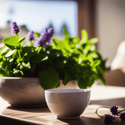 An image of a serene, sunlit room with a cozy armchair, adorned with a delicate porcelain tea set and a steaming cup of chamomile tea, surrounded by vibrant, soothing herbs like lavender, peppermint, and lemon balm