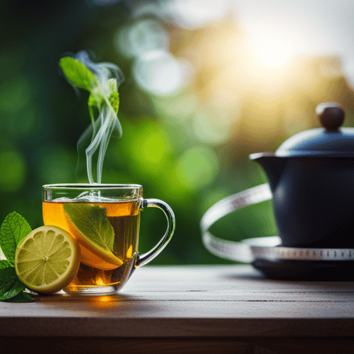 An image showcasing a serene setting with a cup of steaming herbal tea, infused with vibrant green tea leaves and refreshing mint leaves, surrounded by fresh fruits and a measuring tape