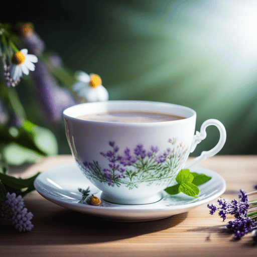 An image showcasing a serene, sunlit scene of an elegant teacup filled with warm chamomile tea, surrounded by freshly picked peppermint leaves and soothing lavender blossoms, evoking a sense of comfort and relief for those experiencing mild blood-induced nausea