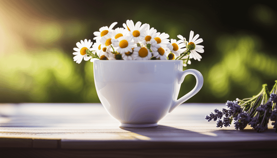 An image featuring a delicate porcelain teacup filled with a vibrant infusion of fresh chamomile flowers, mint leaves, and lavender buds, exuding aromatic steam that swirls gracefully in the air