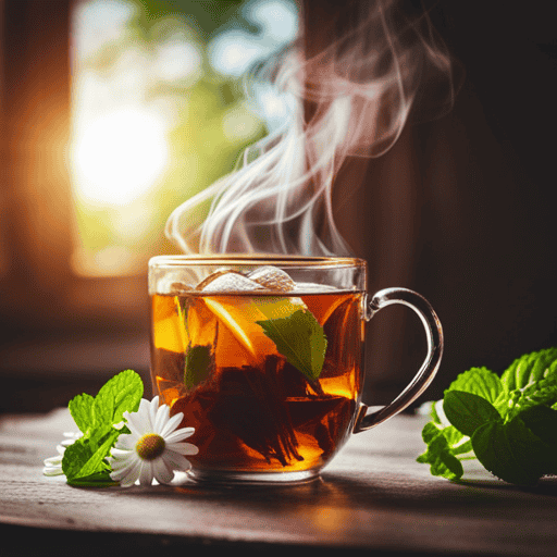 An image showcasing a vibrant cup of steaming sweet herbal tea, garnished with fresh mint leaves and delicate chamomile flowers