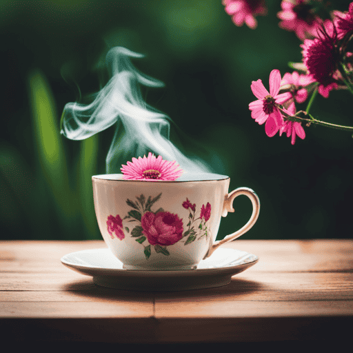 An image showcasing a serene scene of a teacup filled with fragrant herbal tea, steam gently rising, surrounded by vibrant, freshly picked herbs and flowers
