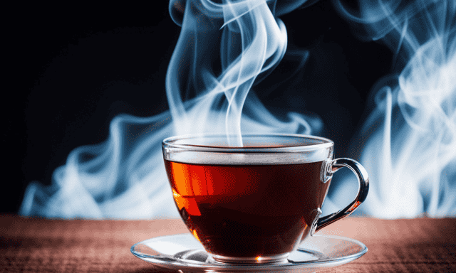 An image that showcases a steaming cup of rich, amber-hued Dark Brew Smoky Oolong Tea