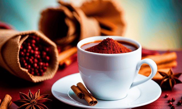An image capturing the essence of Rooibos Chai: a warm, amber-hued cup brimming with aromatic spices, showcasing the vibrant dance of cinnamon sticks, cloves, cardamom pods, and ginger slices against a backdrop of dried red rooibos leaves