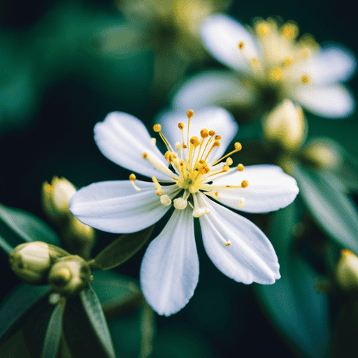 An image capturing the delicate beauty of a tea olive flower: a cluster of petite, creamy-white blossoms with slender petals and a heavenly fragrance, gently adorning a lush, evergreen shrub