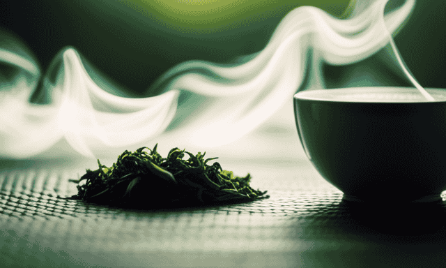 An image showcasing the intricate process of hand-rolling Oolong tea leaves, capturing the delicate leaves unfurling in hot water, revealing their vibrant green color and releasing fragrant wisps of steam
