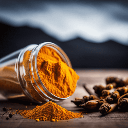 An image showcasing a vibrant, golden-hued glass jar filled with freshly ground turmeric powder, surrounded by a variety of natural sources such as black pepper, coconut oil, and ginger roots