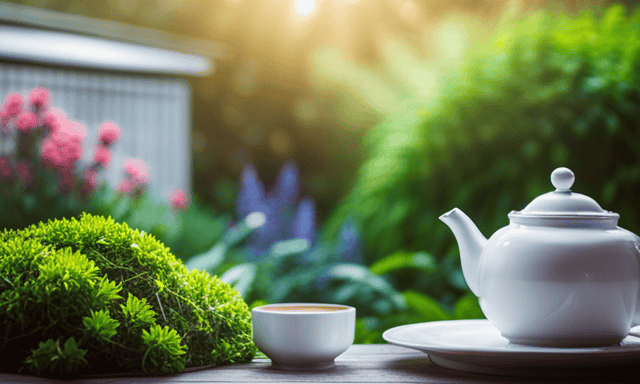 An image showcasing a serene tea garden, with a beautifully arranged table displaying a delicate porcelain teapot, a cup of steaming Oolong tea, and a glass pitcher filled with refreshing Kombucha, all surrounded by lush greenery