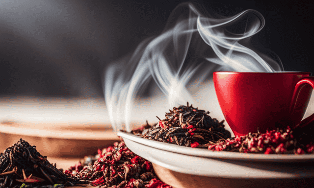 An image showcasing a vibrant assortment of exotic tea leaves, with steam gently rising from a brewing cup