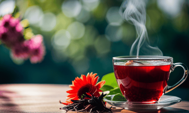 An image that showcases an exquisite cup of Tega Red Rooibos Organic tea, with its deep red hue and rich aroma, surrounded by a vibrant assortment of fresh, handpicked fruits and delicate flowers