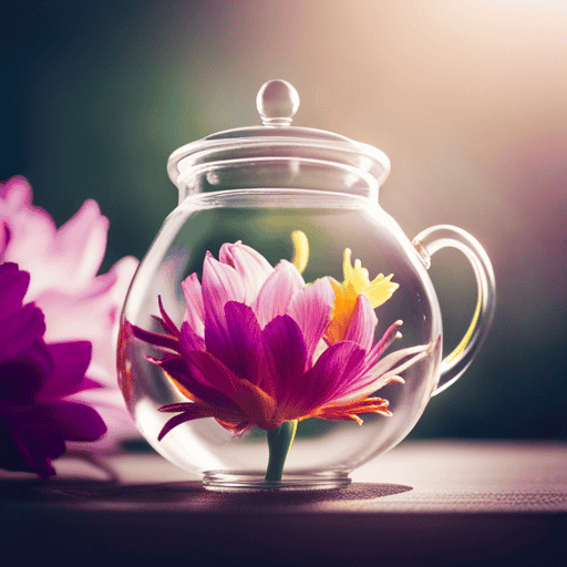 An image capturing the exquisite beauty of a blooming tea flower unfolding in a glass teapot, as vibrant petals gracefully emerge from the bud, releasing a mesmerizing blend of colors and aromas