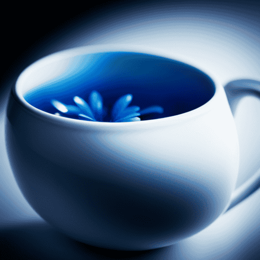 An image showcasing a delicate porcelain teacup filled with vibrant blue liquid, shimmering under natural light