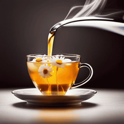 An image of a warm, soothing cup of chamomile herbal tea being poured, with delicate golden chamomile flowers floating on the surface