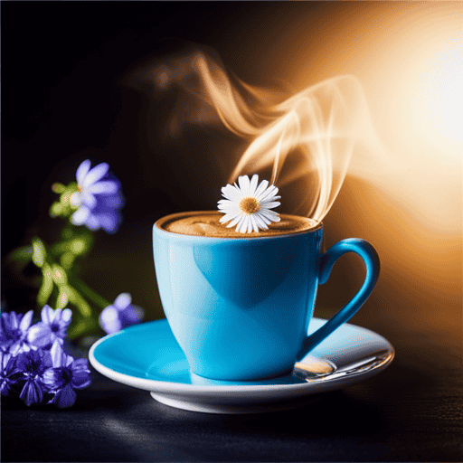 An image showcasing a vibrant blue cup of steaming coffee, garnished with a delicate white flower, surrounded by a backdrop of chicory root plants in full bloom, evoking the versatile uses of chicory root extract