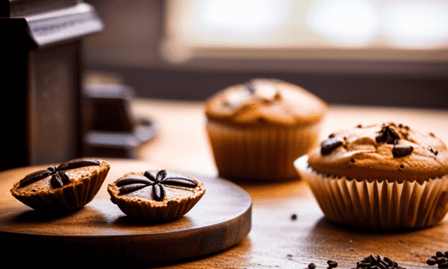 An image showcasing a rustic wooden cutting board adorned with freshly baked chicory root muffins, their golden crusts glistening, surrounded by a scattering of aromatic coffee beans and a vintage coffee grinder