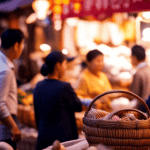 An image showcasing a vibrant Chinese marketplace, with locals gathering around a vendor's stall adorned with baskets of chicory root