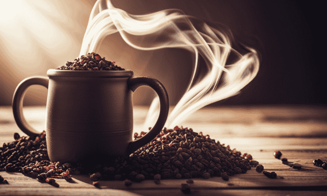 An image showcasing a steaming mug filled with rich, dark brown chicory root roasted granules