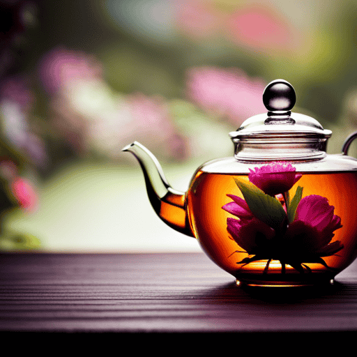 An image showcasing the delicate beauty of Chinese flower tea, with blooming flower buds immersed in a glass teapot