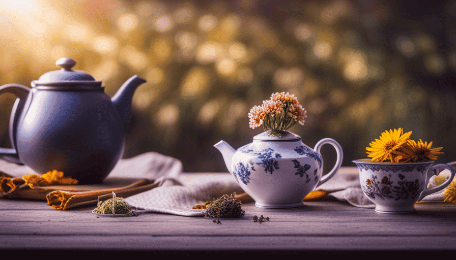 An image showcasing a vibrant assortment of dried flowers, leaves, and herbs artistically arranged in transparent teacups, accompanied by a delicate teapot, evoking the essence of herbal tea